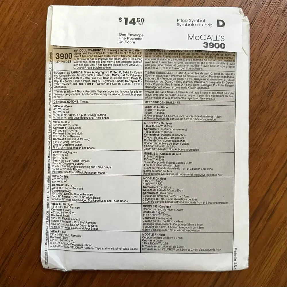 UNCUT McCall's 3900 Pattern 18